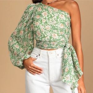 Lulus Grow Toward Love Green Floral Print Pleated One-shoulder Top - Size S